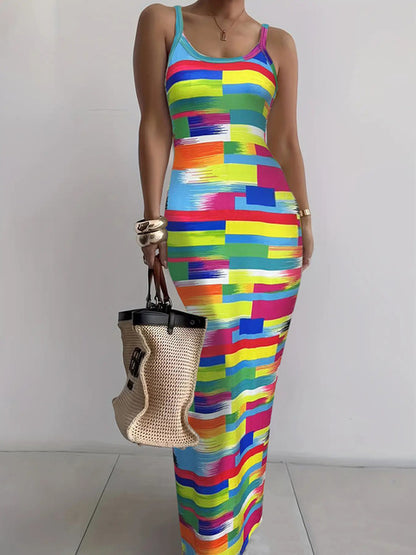 Color Tie Dye Print Spaghetti Strap Long Dresses Package Hip Bodycon Dress Female Club Vestidos