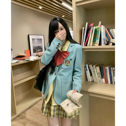 Autumn New Korean College Style Jk Uniform Suit Coat Bow Long Sleeve Shirt Plaid Pleated Skirt Set 3piece Set for