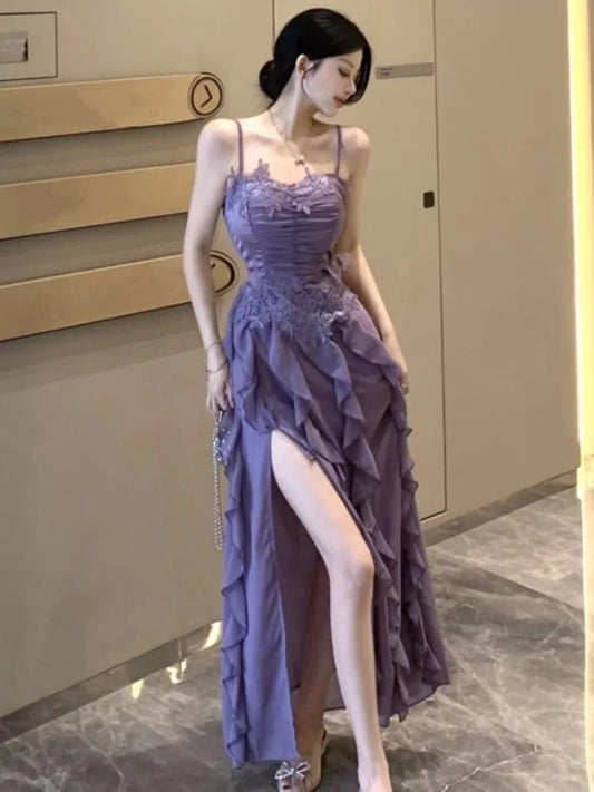 Korean Sweet Fairycore Long Dresses for Spaghetti Strap Ruffles Princess Party Dress Summer Slim Waist Vestidos