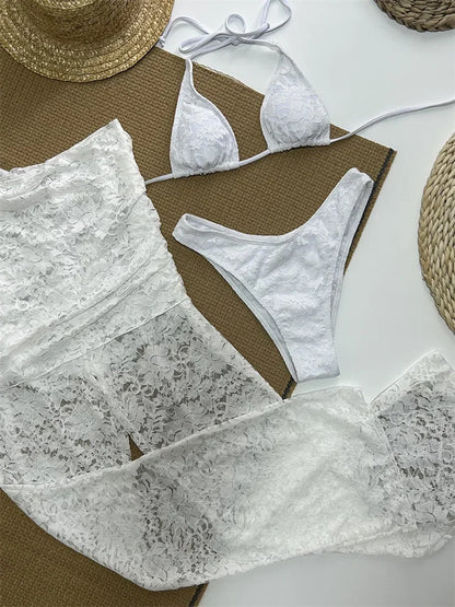 Summer 3 Piece-set Trousers Swimwear V-neck See-through Backless Top and Printed ’s Pants Outfits