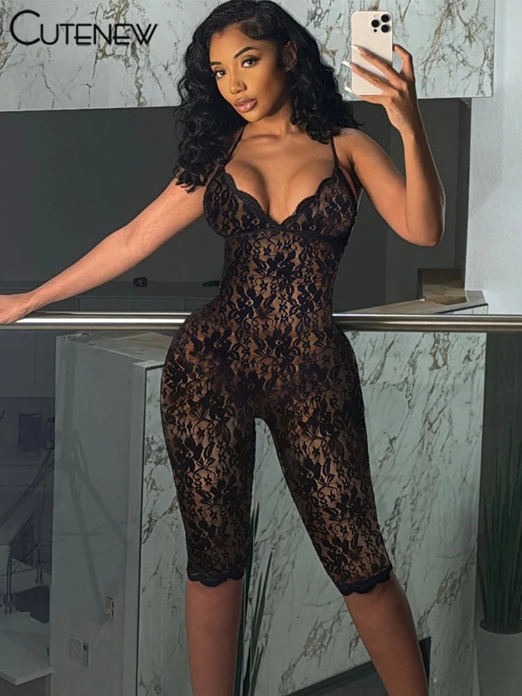 Lace Playsuits Cross Spaghetti Strap Backless Low Neck Trim Sheer Slim Rompers Mujer Midnight One Piece
