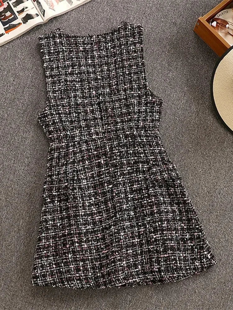 Autumn Winter 2 Piece Set Overalls Dress Ruffles Chiffon Bow Shirt Top+double Breasted Plaid Tweed Vest Dress