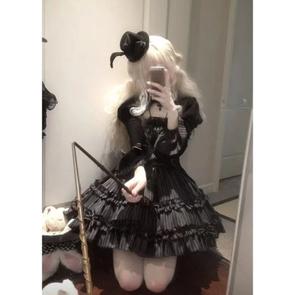 Gothic Black Lolita Sets Y2k Crop Top Blouse + Plaid Mini Skirts Japanese Kawaii 2 Piece Sets Clothing