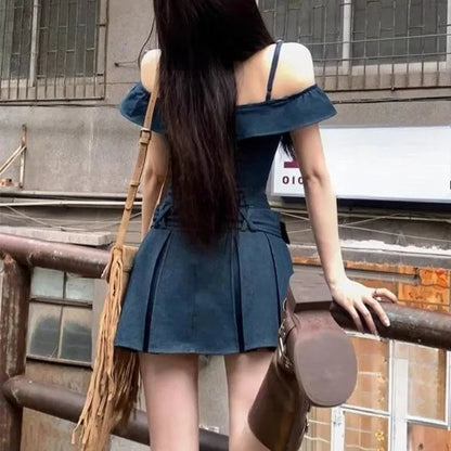 Denim Mini Dresses Ruffles Slash Neck Spring Summer Y2k Vestidos Mujer Korean Dress
