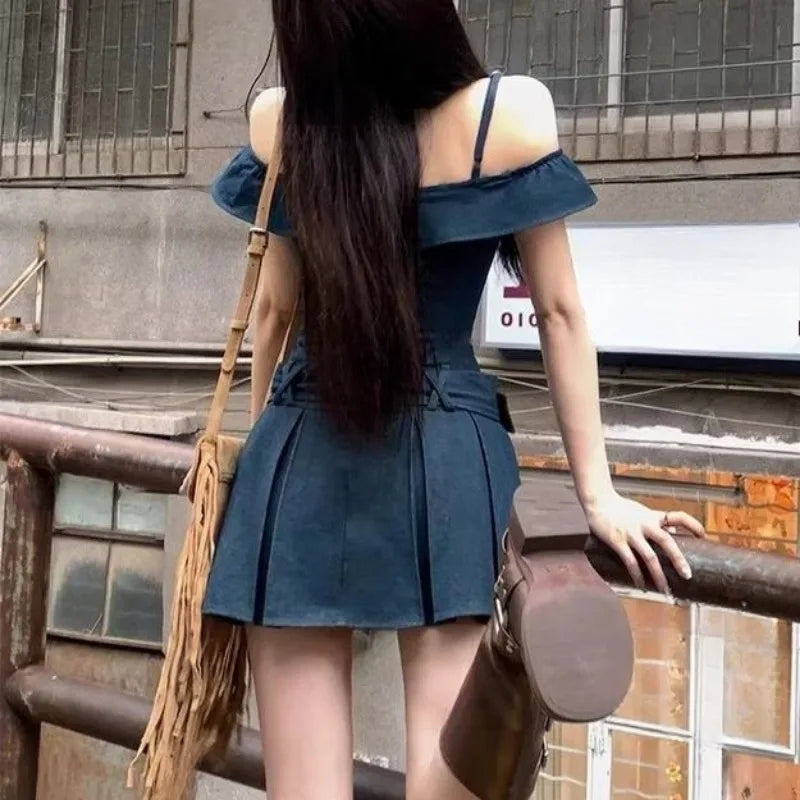 Denim Mini Dresses Ruffles Slash Neck Spring Summer Y2k Vestidos Mujer Korean Dress