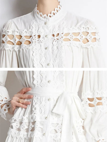 Stand Collar Single Breasted Dresses New Spring Hollow Out Embroidery Lace Trims White Mini Dress