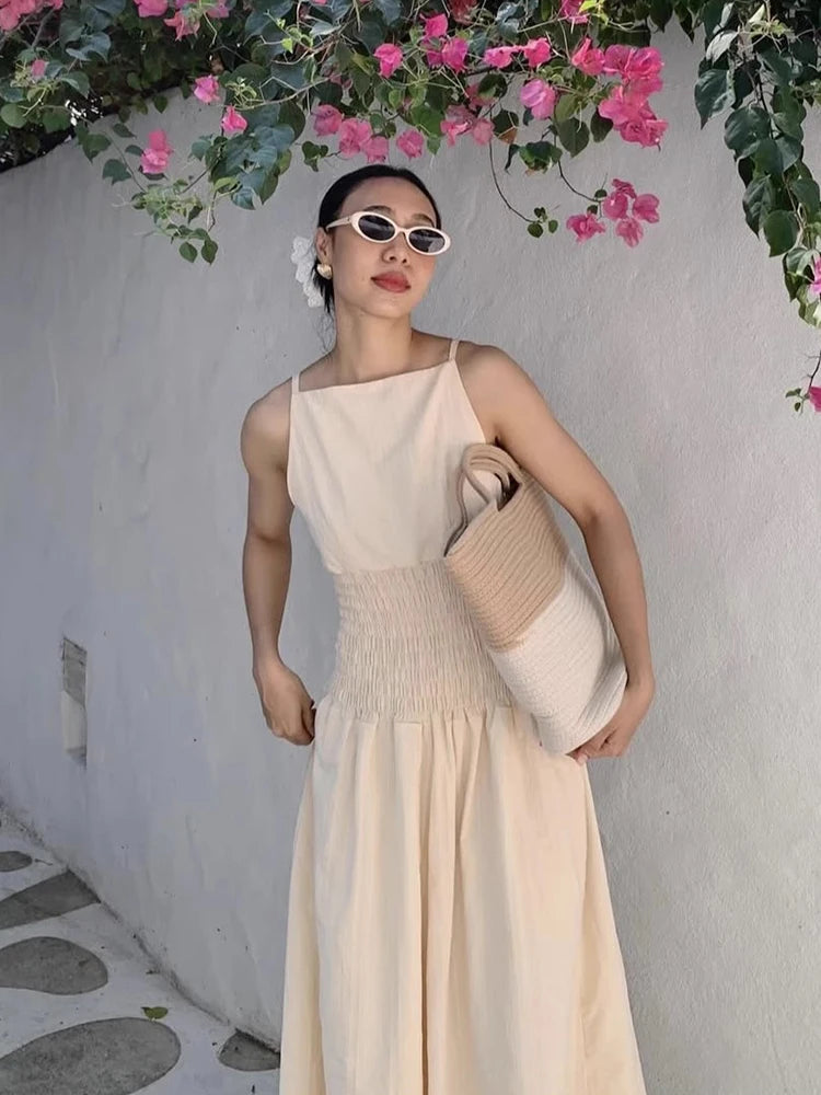 Korean Summer New French Vacation Style Wrinkles Hugging Waist Stretching Sleeveless Strap Long Dresses
