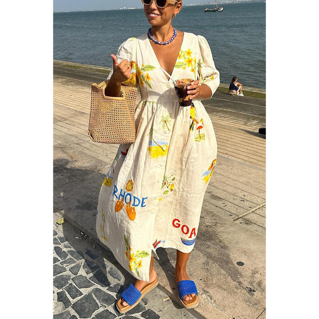 Print Dresses Puff Short Sleeves Single-breasted Beach Vacation Loose Long Dress Summer New Vestidos