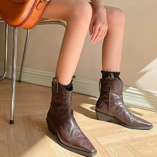 New Pointed Toe Back Zipper Ankle Boots Thick High Heels Shoes Boots Cowboy Western Boots Botas De Mujer