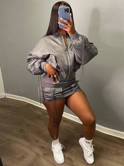 Bandage Skirts Suit for Zipper Slim Lace Up Cardigan Femme Mini Skirt 2 Piece Sets Outfits