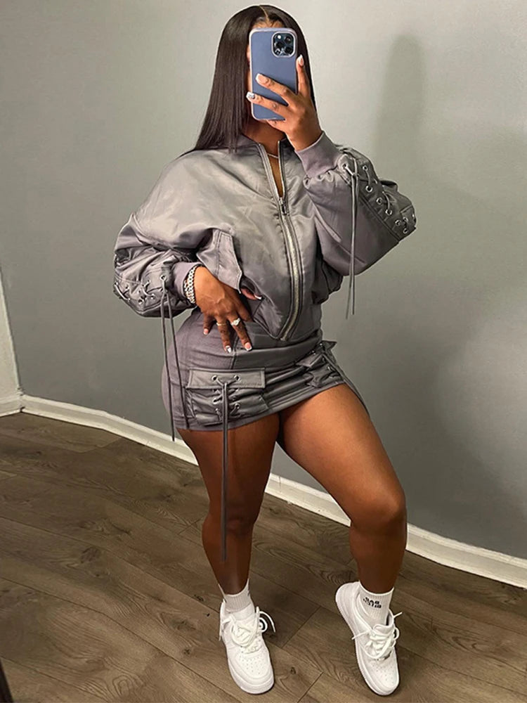 Bandage Skirts Suit for Zipper Slim Lace Up Cardigan Femme Mini Skirt 2 Piece Sets Outfits