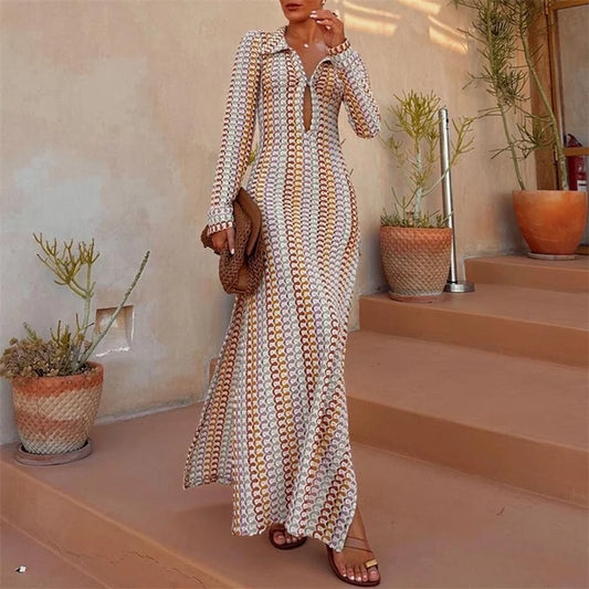 Crochet Dress Y2k Clothes Geometric Print Turn Down Collar Long Sleeve Long Dresses Beach Party Dresses