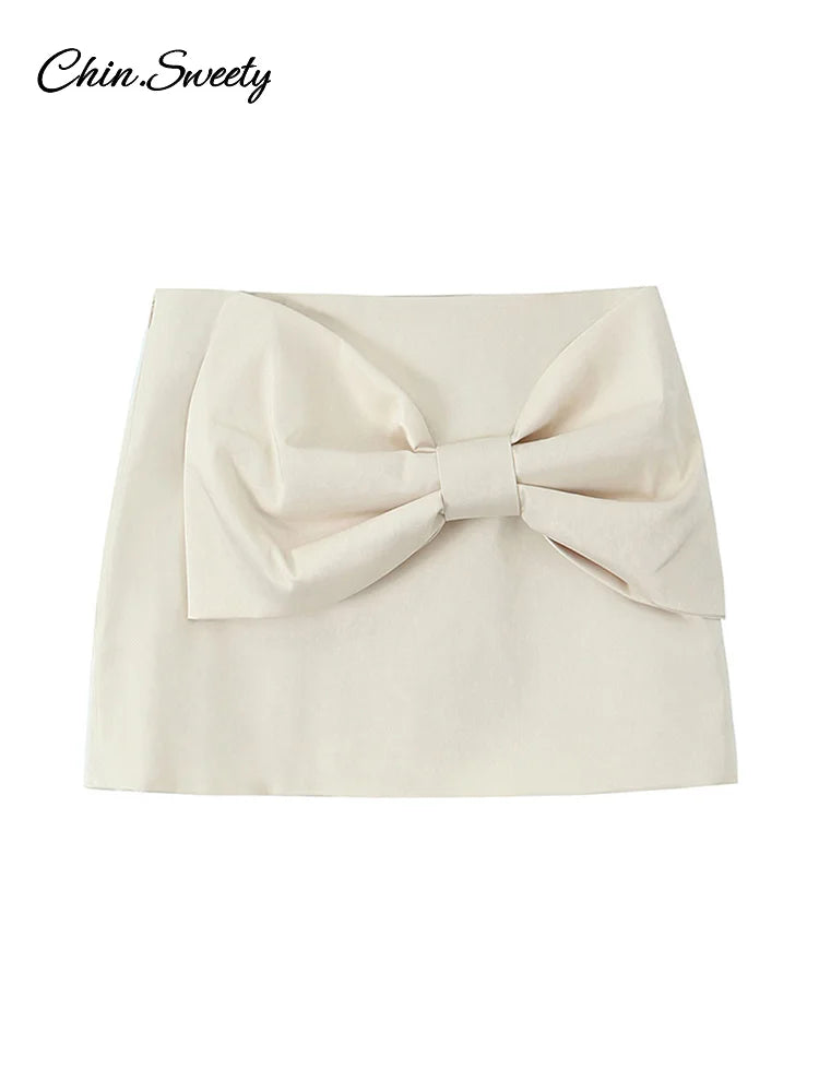 White Bow Bodysuit Mini Skirt Suit Slim O-neck Sleeveless Jumpsuits A-line Mini Skirts Summer New in Matching Outfit