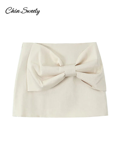 White Bow Bodysuit Mini Skirt Suit Slim O-neck Sleeveless Jumpsuits A-line Mini Skirts Summer New in Matching Outfit
