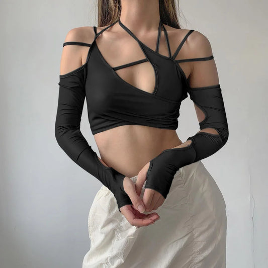 Europe and the United States Y2k Summer New ’s Color Halter Halter Halter Crop Back Sleeved Blouse