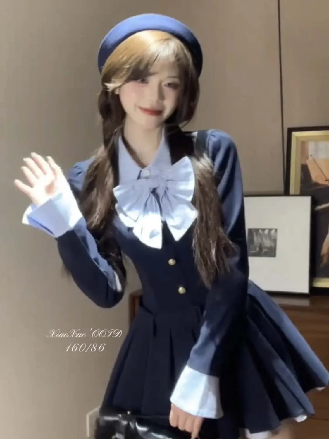 Korean College Style Fake Two Piece Spliced Bow Long Sleeve Pleated Dresses for Autumn Sweet Waist Slim Aline Mini Dress
