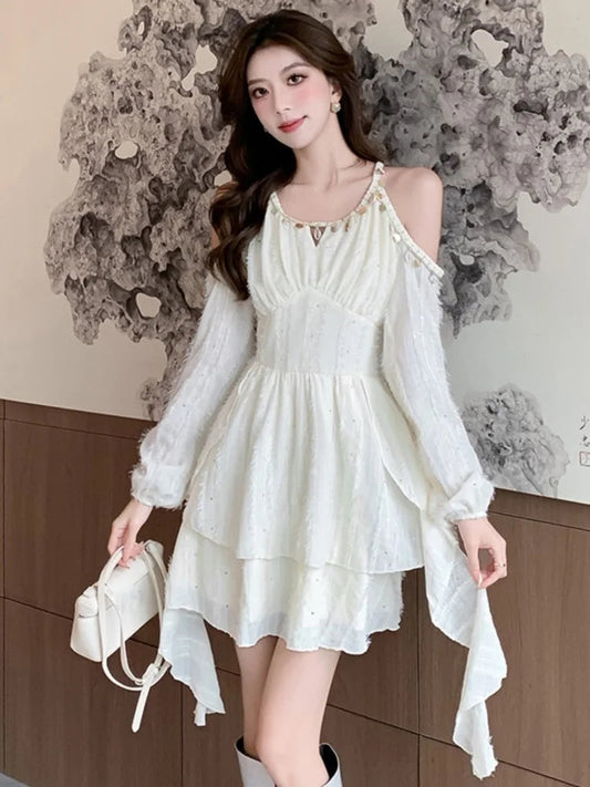Princess Mini Dress for Sequin Off Shoulder Ruffle Long Sleeve Aline Vestidos Korean Female Short Dresses