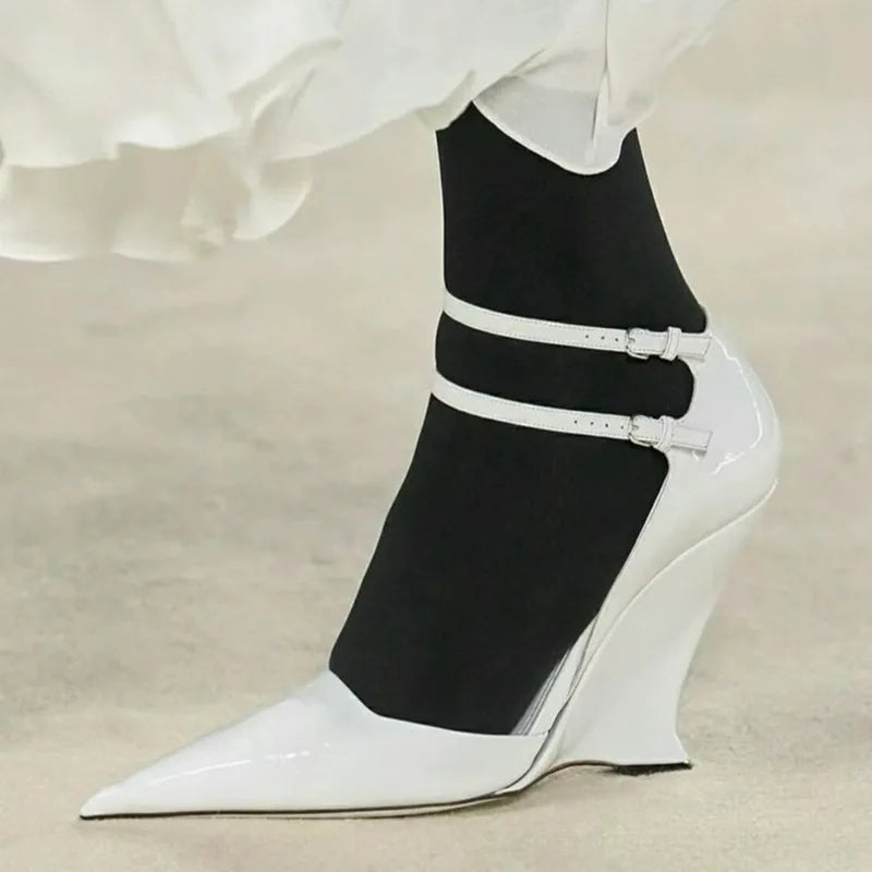 New Buckle Strap Patent Leather Wedges Sandals Pointed Toe High Heels Woman Dress Shoes Sandalias De Las Mujeres