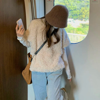 Lamb Wool Vest Coats Korean Short Sleeve Fluffy Jackets Fall Winter O Neck Pullover Furry Outerwear New