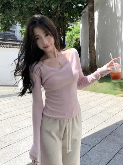 French Beige Vneck Holiday Cotton Sweater Autumn Pink Long Sleeve Knitted Pullover Tops Clothing