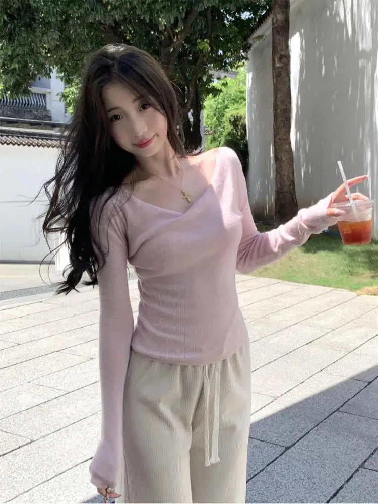 French Beige Vneck Holiday Cotton Sweater Autumn Pink Long Sleeve Knitted Pullover Tops Clothing