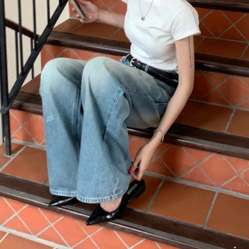 Washed Distressed Jeans Summer New Korean High Waist Loose Denim Wide Leg Pants