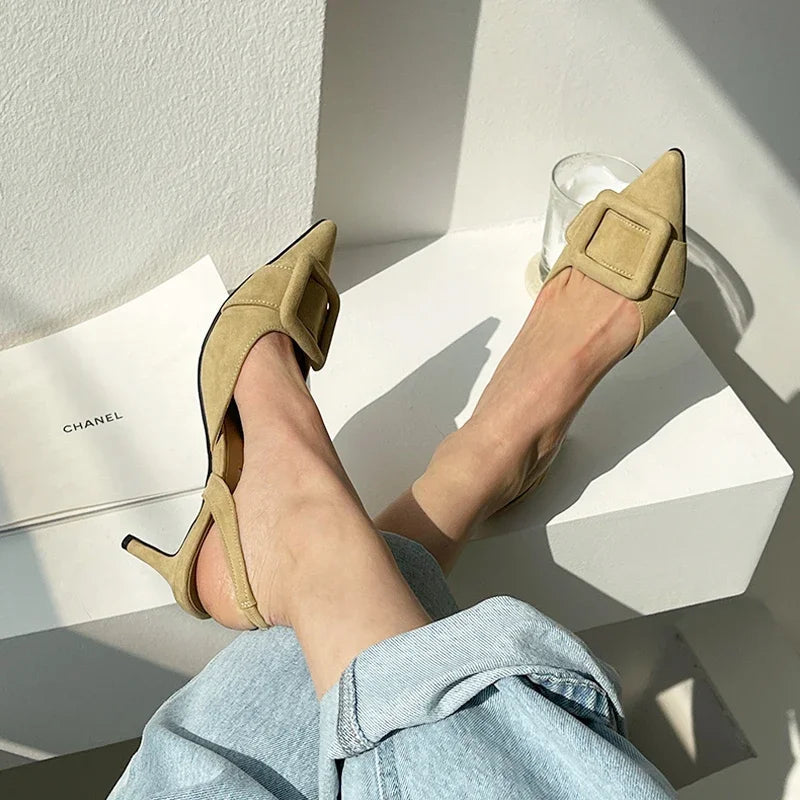 Sandals Summer Pointed Toe High Heels Stiletto Square Buckle Large Size Single Shoes