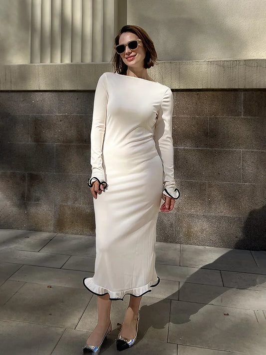 Slim Long Dress for Ruffled Splice Dress Backless Long Sleeve Contrast Color Autumn Gown Dresses Lady