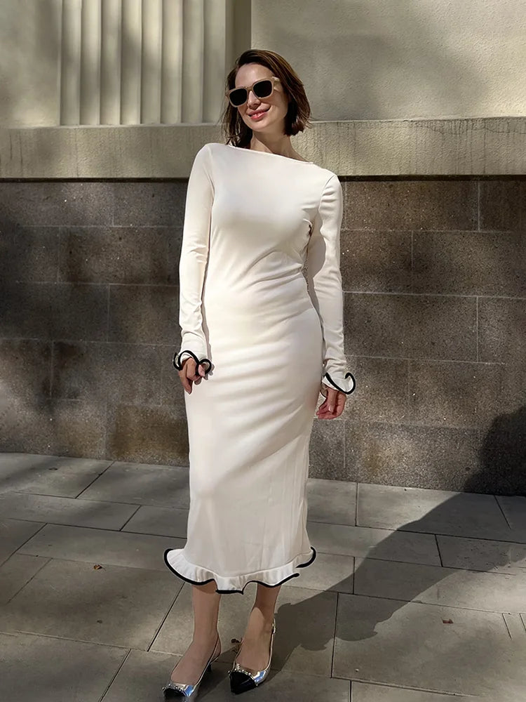 Slim Long Dress for Ruffled Splice Dress Backless Long Sleeve Contrast Color Autumn Gown Dresses Lady