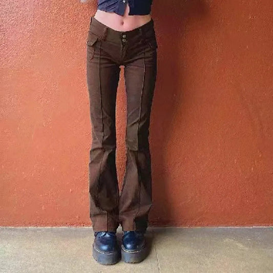 Y2k Brown Flared Jeans Color Pocket Kawaii Trousers Low Waist Aesthetic Jogging Pants Basics
