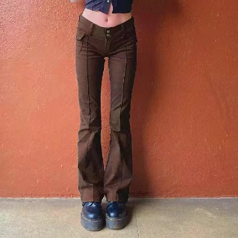 Y2k Brown Flared Jeans Color Pocket Kawaii Trousers Low Waist Aesthetic Jogging Pants Basics