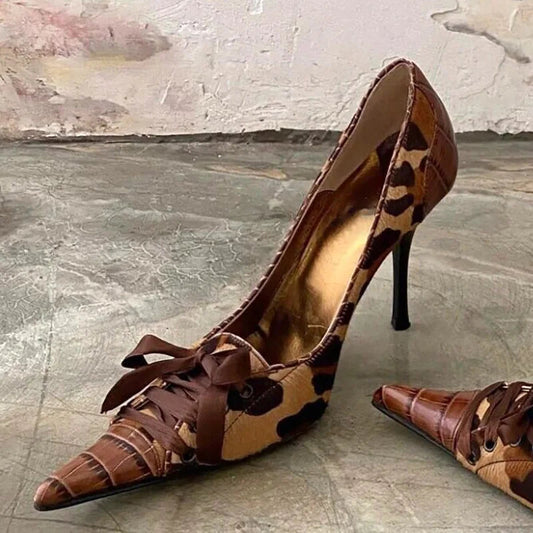 Leopard Print High Heels Pointed Toe Pumps Lace Up Designer Sandal Rhinestone Party Dress Shoes