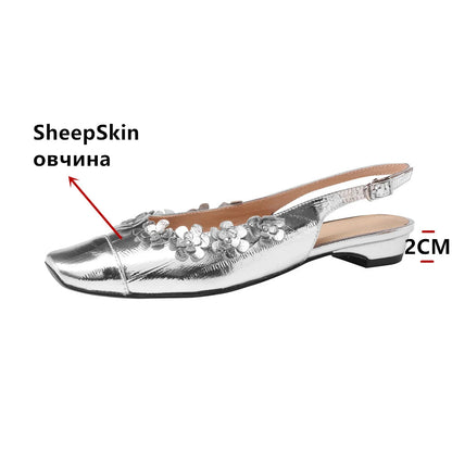 New Genuine Leather Pumps Flowers Decoration Party Wedding Shoes Woman Slingbacks Summer Sandals Pumps