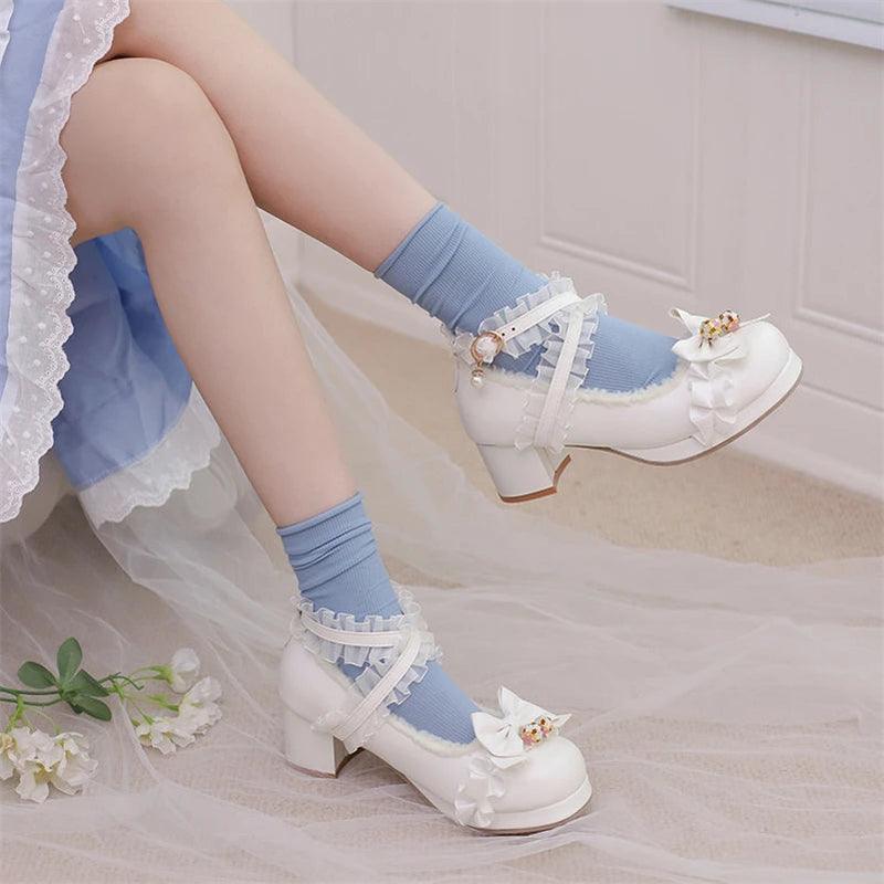 Lolita Pumps Round Toe Thick Mid Heels Cross Strap Buckle Bow Kawaii Cosplay Shoes Winter Beige 46