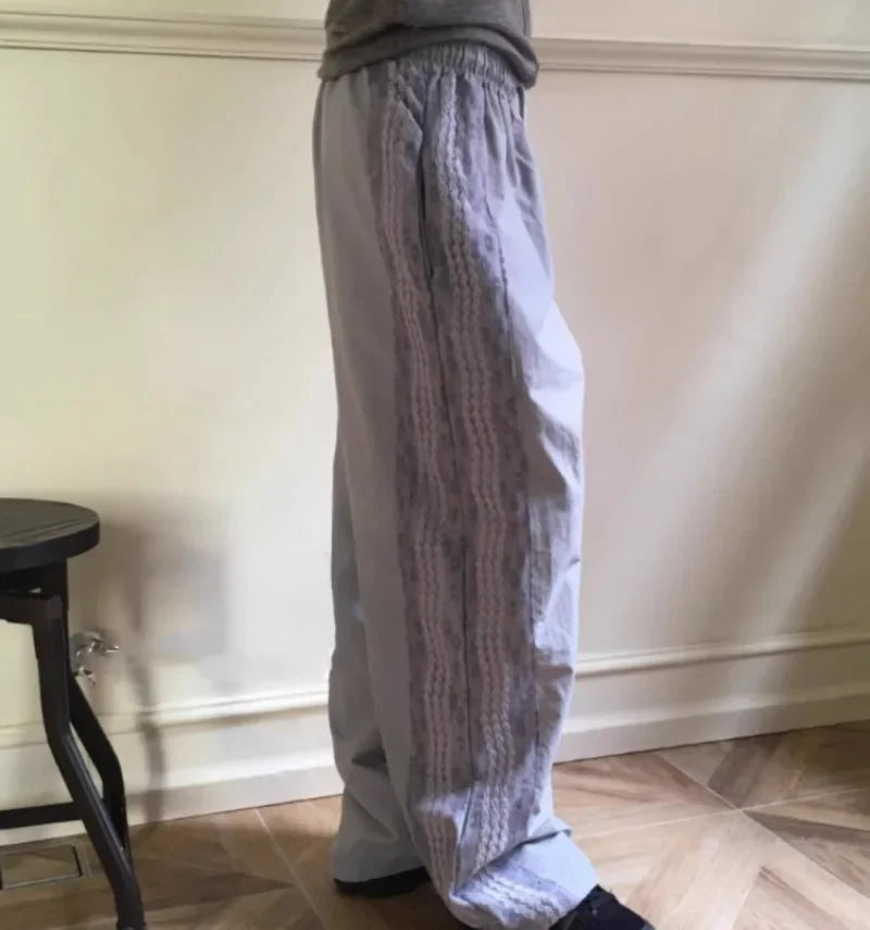 Summer New Loose Y2k Egirl High Waist Straight Trousers Lace Patchwork Nylon Wide Leg Pants 2000s