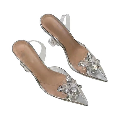 Wine Glass Heel Rhinestone Sandals Pointed Toe Transparent Pvc Crystal Flower High Heels Fairy Style Stiletto Wedding Shoes