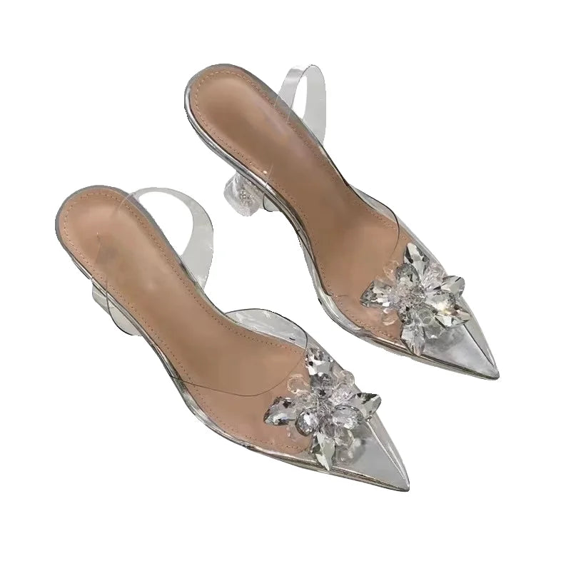 Wine Glass Heel Rhinestone Sandals Pointed Toe Transparent Pvc Crystal Flower High Heels Fairy Style Stiletto Wedding Shoes