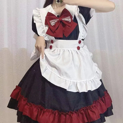 Black Red Lolita Cos Dress for Harajuku Sweet Vneck Bow Shorts Sleeve Dresses Y2k Egirl High Waist Vestidos Mujer