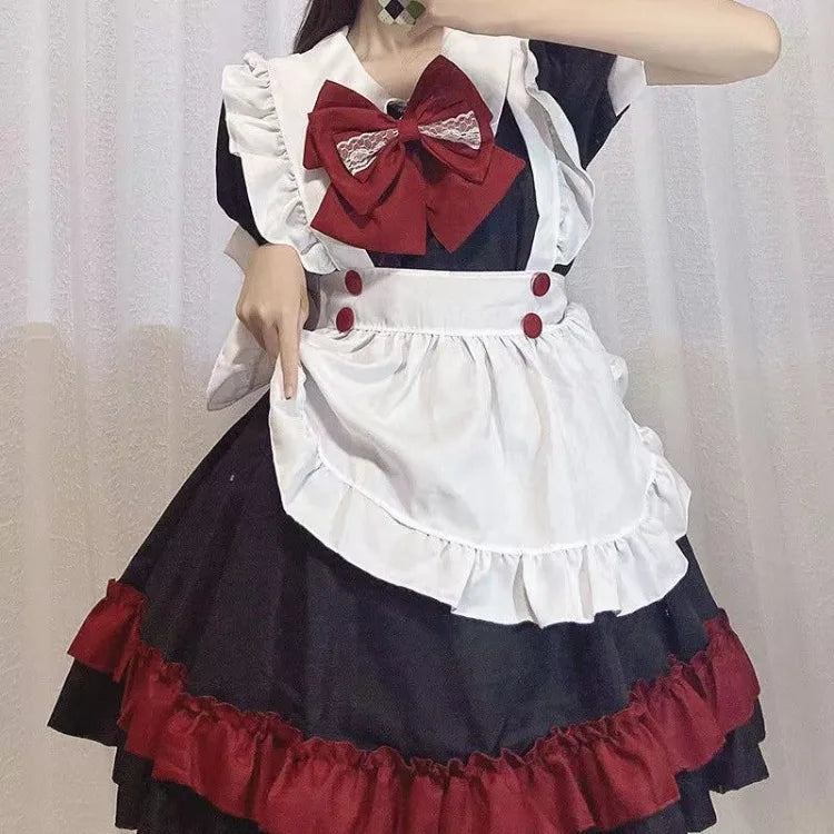 Black Red Lolita Cos Dress for Harajuku Sweet Vneck Bow Shorts Sleeve Dresses Y2k Egirl High Waist Vestidos Mujer