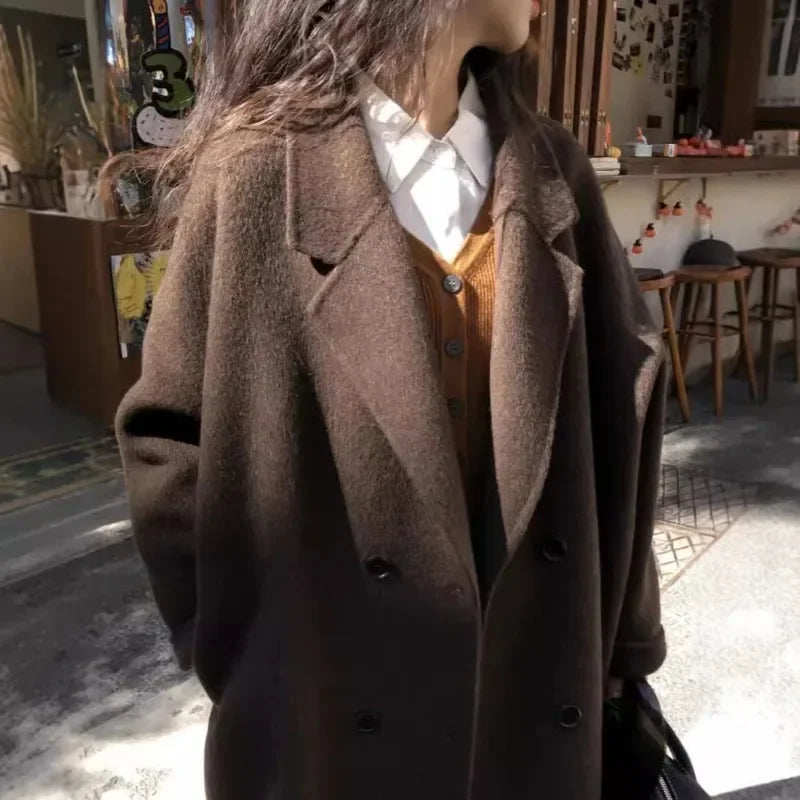 New Wool Blend Coat Mid Long Woolen Blazer Thick Warm Blouse Overcoat Office Lady Tops Autumn Winter