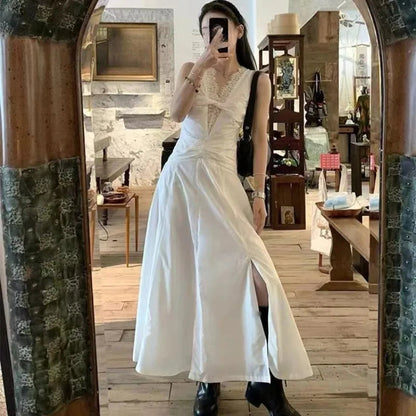 Y2k White Long Dresses Lace Patchwork Spring Summer Dress V Neck Korean Vestidos Mujer