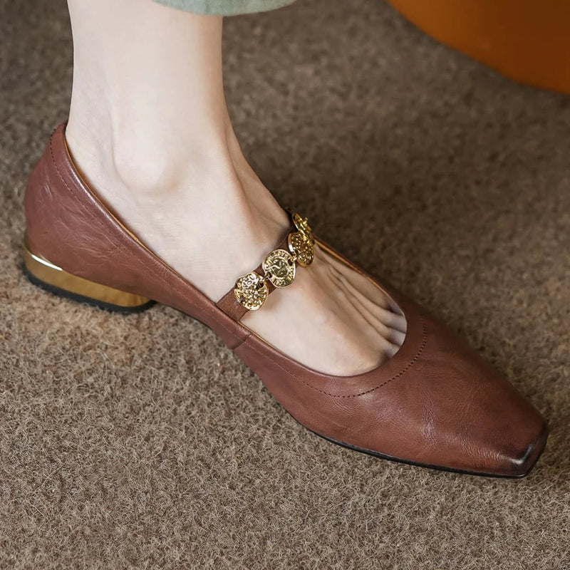Large Size 3441 Cow Leather Square Toe Slipon Mary Jane Flats Soft Comfortable Moccasins Shoes Woman