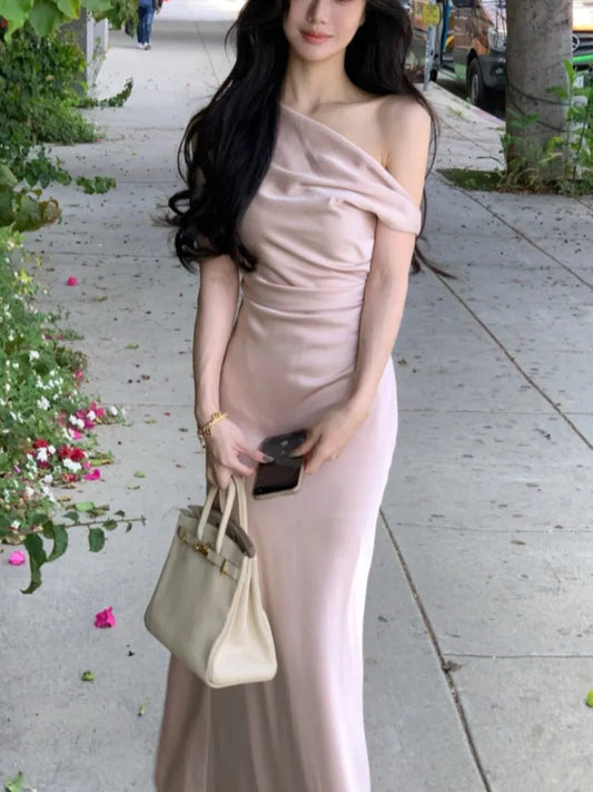 Evening Party Satin Long Dresses for Summer Pink Birthday Robe Slash Sleeveless Slim Female Clothing