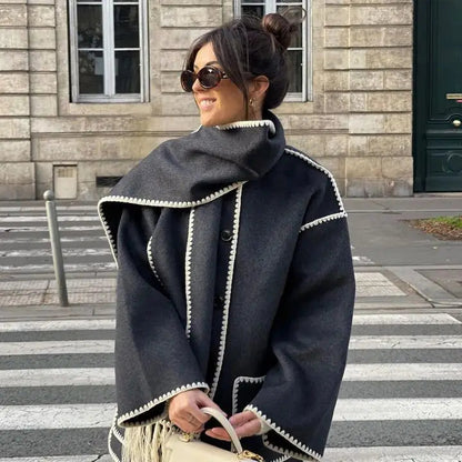Loose Coat With Scarf Long Sleeve Pocket Single Breasted Female Coats Autumn Winter Lady Jacket