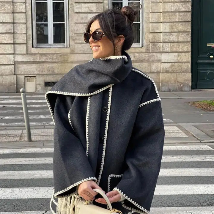 Loose Coat With Scarf Long Sleeve Pocket Single Breasted Female Coats Autumn Winter Lady Jacket
