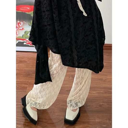 See Through Lace Pant White Hollow Out High Waist Female Summer Outside