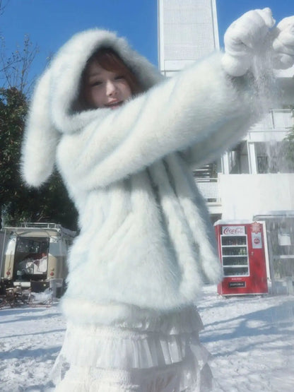 Sweet Girl Gradual Color Faux Fur Coat Winter Hooded Rabbit Ear Loose Fit Longsleeved Jacket Female Clothes