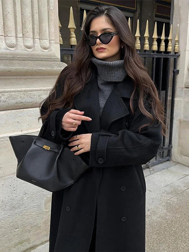 Lapel Long Coats With Belt Lace Up Double Breasted Full Sleeve Overcoat Autumn Winter New Lady