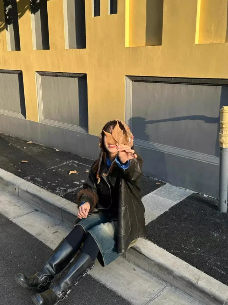 Leather Jackets for Corduroy Lapel Collar Cardigan Button Up Long Coat Autumn Winter Oversize Clothes New
