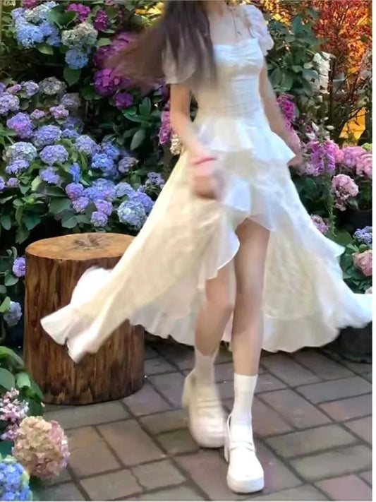 Y2k Irregular Ruffles Midi Dresses for Puff Sleeve Square Collar A-line French Birthday Party Dress Prom Vestidos